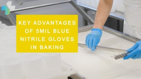 Man wearing blue nitrile gloves while baking